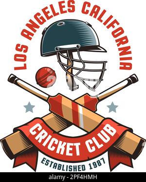 Retro cricket logo featuring a helmet, cricket bats, and ball Stock Vector