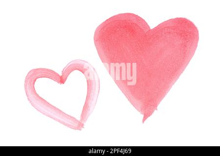 two hand painted red watercolor hearts isolated on white background Stock Photo