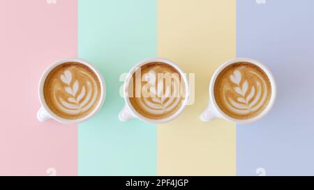 Three cups of coffee on a pastel background top view. Delicious coffee with milk and a pattern on the foam. Above Three white cups in a row. Stock Photo