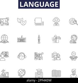 Language line vector icons and signs. Language, Verbal, Vocabulary, Dialect, Lingual, Grammar, Semantics, Communication outline vector illustration Stock Vector