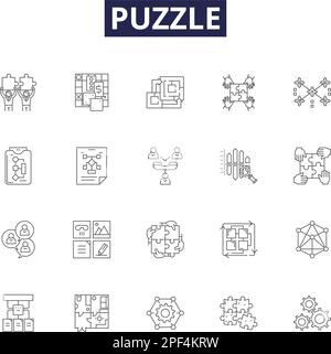 Puzzle line vector icons and signs. Brainteaser, Jigsaw, Game, Search, Conundrum, Jolly, Inquiry, Cipher outline vector illustration set Stock Vector