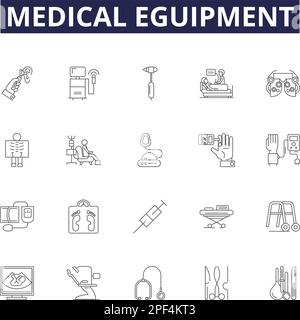 Medical eguipment line vector icons and signs. Equipment, Stethoscope, X-ray, MRI, Diagnostic, Thermometer, ECG, Syringe outline vector illustration Stock Vector