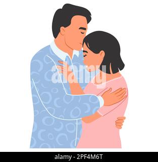 Vector loving couple hugging, reconciliation illustration. Man and woman embracing each other standing together isolated on white background Stock Vector