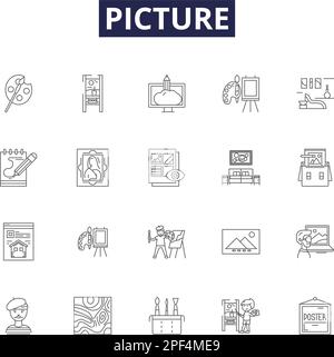 Picture line vector icons and signs. Photo, Portrait, Snap, Artwork, Vision, Depiction, View, Frame outline vector illustration set Stock Vector