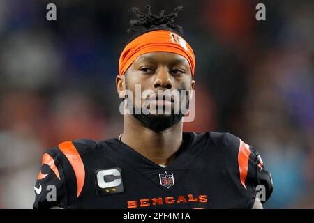 FILE - Cincinnati Bengals' Joe Mixon (28) and Orlando Brown Jr. (75) walk  onto the field during practice at the team's NFL football training  facility, Tuesday, June 6, 2023, in Cincinnati. The