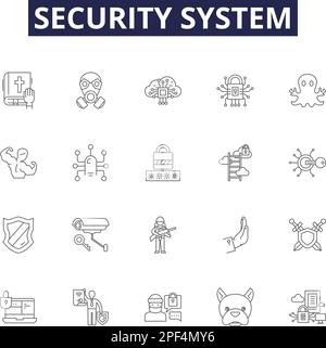 Security system line vector icons and signs. Protect, Surveillance, Monitoring, Guard, Safeguard, Alarm, Defend, Encryption outline vector Stock Vector