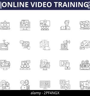 Online video training line vector icons and signs. Online-training, Streaming, Tutorials, Instructional-videos, Webinars, eLearning, Video Stock Vector