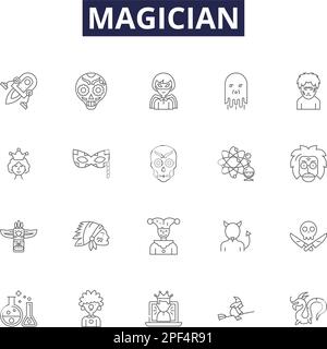 Magician line vector icons and signs. show, performance, background, entertainment, magic, trick, hat,black outline vector illustration set Stock Vector