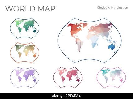 Low Poly World Map Set. Ginzburg IX projection. Collection of the world maps in geometric style. Vector illustration. Stock Vector