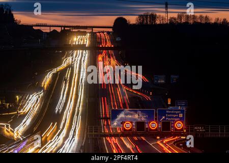 A8 motorway in evening light with light trails, Wendlingen, Baden-Wuerttemberg, Germany Stock Photo