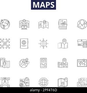 Maps line vector icons and signs. Cartography, Survey, Atlas, Topography, Compass, Navigation, Directions, Apronautical outline vector illustration Stock Vector