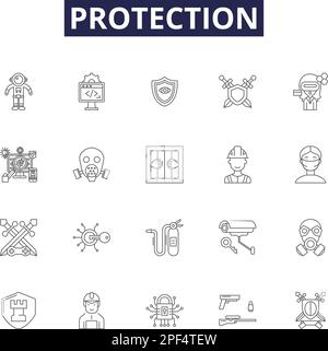 Protection line vector icons and signs. Safeguard, Shield, Secure, Defend, Preserve, Watch, Barrier, Deter outline vector illustration set Stock Vector