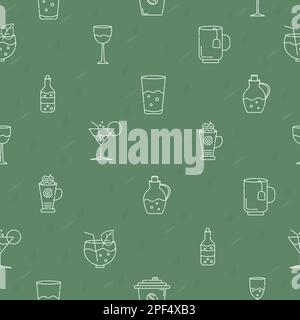 Different types of drinks, vector green seamless pattern Stock Vector