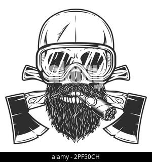 Skull smoking cigar or cigarette in safety glasses with mustache and beard and crossed wooden axe business woodworking or lumberjack emblem Stock Photo