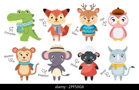 Wildlife animals collection . Flat design cartoon characters . Crocodile Fox Deer Owl Monkey Elephant Sheep Rhinoceros . Vector . Stock Vector