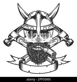 Viking skull smoking cigar or cigarette with mustache and beard and horned helmet with builder crossed hammers from new construction and remodeling Stock Photo