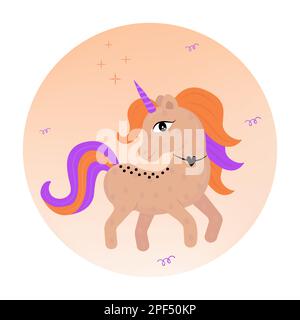 Unicorn and moon, vector illustration in beige, orange, violet and brown colors Stock Vector