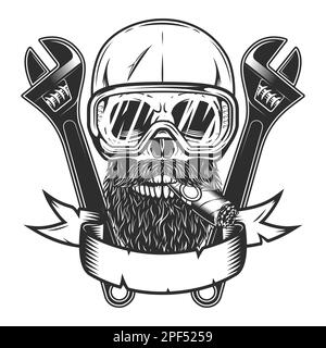 Skull smoking cigar or cigarette with mustache and beard in safety glasses with construction wrench for gas and builder plumbing pipe or mechanic Stock Photo