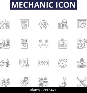 Mechanic icon line vector icons and signs. Technician, Repairer, Wrench, Expert, Craftsman, Specialist, Fixer, Auto outline vector illustration set Stock Vector