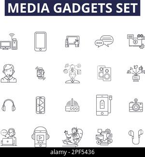 Media gadgets set line vector icons and signs. Gadgets, Set, Devices, Electronics, Technology, Computers, Speakers, USB outline vector illustration Stock Vector