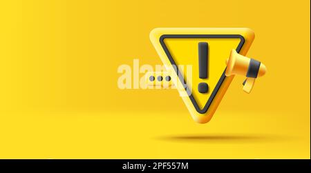 Important announcement 3d render soft shaped triangle, yellow with black lines, exclamation mark and message with megaphone, web banner Stock Vector