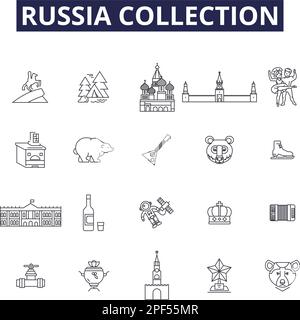 Russia collection line vector icons and signs. Collection, Soviet, Moscow, Kremlin, Putin, Red, Hermitage, Ukraine outline vector illustration set Stock Vector