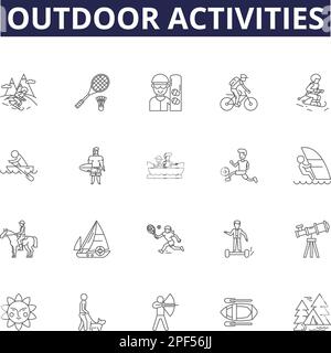 Outdoor activities line vector icons and signs. Camping, Climbing, Cycling, Kayaking, Canoeing, Surfing, Fishing, Swimming outline vector illustration Stock Vector