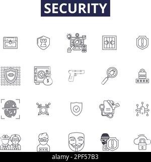 Security line vector icons and signs. Guard, Safekeeping, Shield, Safeguard, Lock, Defense, Warrant, Fortify outline vector illustration set Stock Vector