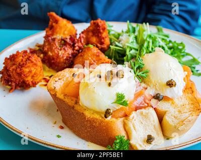 Close up shot of salmon with egg benedict at Oklahoma Stock Photo