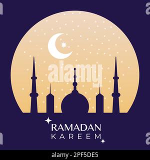 Ramadan Kareem. Night skyline with mosque dome, moon and stars. Vector illustration, flat design Stock Vector