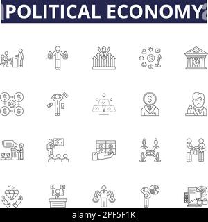 Political economy line vector icons and signs. Economy, Society, System, Globalization, Capitalism, Infrastructure, Trade, Development outline vector Stock Vector