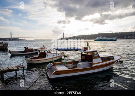 A view from the Bosphorus, fishing boats in the foreground Stock Photo