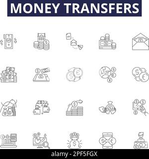 Money transfers line vector icons and signs. Payments, Exchange, Transfers, Funds, Banking, Wire, Disburse, Banker's Drafts outline vector Stock Vector
