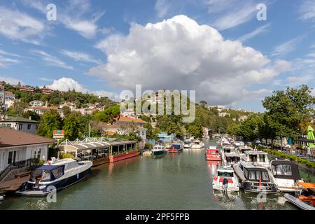 istanbul, turkey june 09 2021 : Goksu river and Anadolu Hisari neighborhood on the Anatolian side of Istanbul , marina located on the green river Stock Photo