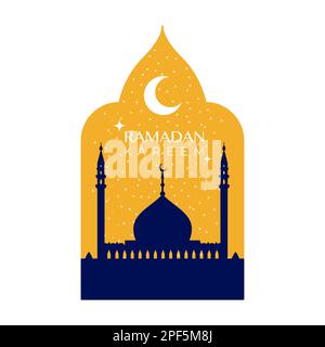 Ramadan Kareem. Sunset skyline with mosque dome, moon and stars. Vector illustration, flat design Stock Vector