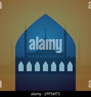 Ramadan Kareem. Night skyline with mosque dome and minarets. Vector illustration, flat design Stock Vector