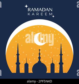 Ramadan Kareem. Sunset skyline with mosque dome, moon and stars. Vector illustration, flat design Stock Vector