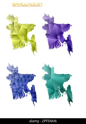 Set of vector polygonal maps of Bangladesh. Bright gradient map of country in low poly style. Stock Vector