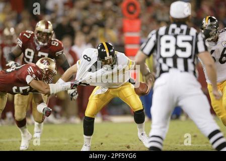49ERS POSEY/C/02AUG98/SP/MAC SF 49ers vs. New England Patriots. Patriot  Quarterback #16- Scott Zolak is hit by 49er #96-Jeff Posey which caused a  fumble resulting in a 49er TD. 2nd quarter. PHOTO By