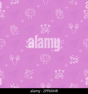 Romantic pink seamless pattern, background with flags, angels, unicorns Stock Vector