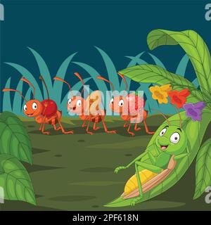 Cartoon ant and grasshopper in the garden Stock Vector