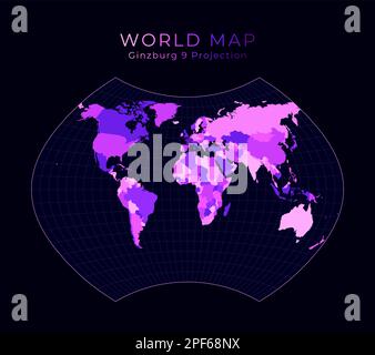 World Map. Ginzburg IX projection. Digital world illustration. Bright pink neon colors on dark background. Stylish vector illustration. Stock Vector