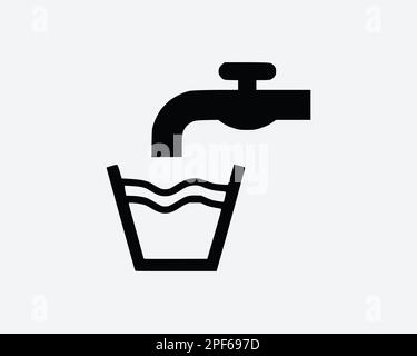 Drinking Tap Water Faucet Fill Cup Bucket Black White Silhouette Sign Symbol Icon Graphic Clipart Artwork Illustration Pictogram Vector Stock Vector