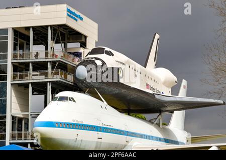 Houston, Texas, USA - February 2023: Boeing 747 jet used for carrying the space shuttle on display at the Houston Space Center Stock Photo