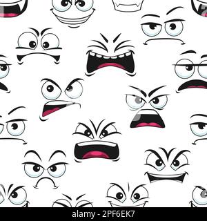 Cartoon angry and sad faces seamless pattern. Vector background with grumble negative emoji, grouse characters with evil eyes and yelling mouth. Gripe Stock Vector