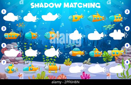 Submarine Riddle Find the correct shadow of submarine or bathyscaphe, underwater ...