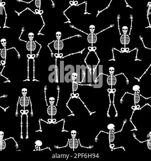 Skeleton dance seamless pattern. Halloween party or Day of the dead holiday background with jumping creepy human skeleton. Horror dancing ghosts, funn Stock Vector