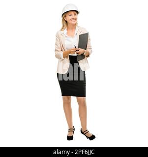 The expert when it comes to engineering. a mature businesswoman checking construction paperwork against a studio background. Stock Photo