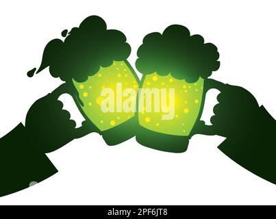 Silhouettes of hands toasting with green beer in mugs with glowing effect. Stock Vector