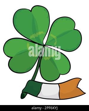 Lucky four-leaf shamrock and Irish flag hoisted on the stem. Design in cartoon style. Stock Vector